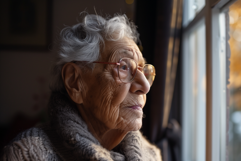 Alte Dame mit Demenz am Fenster